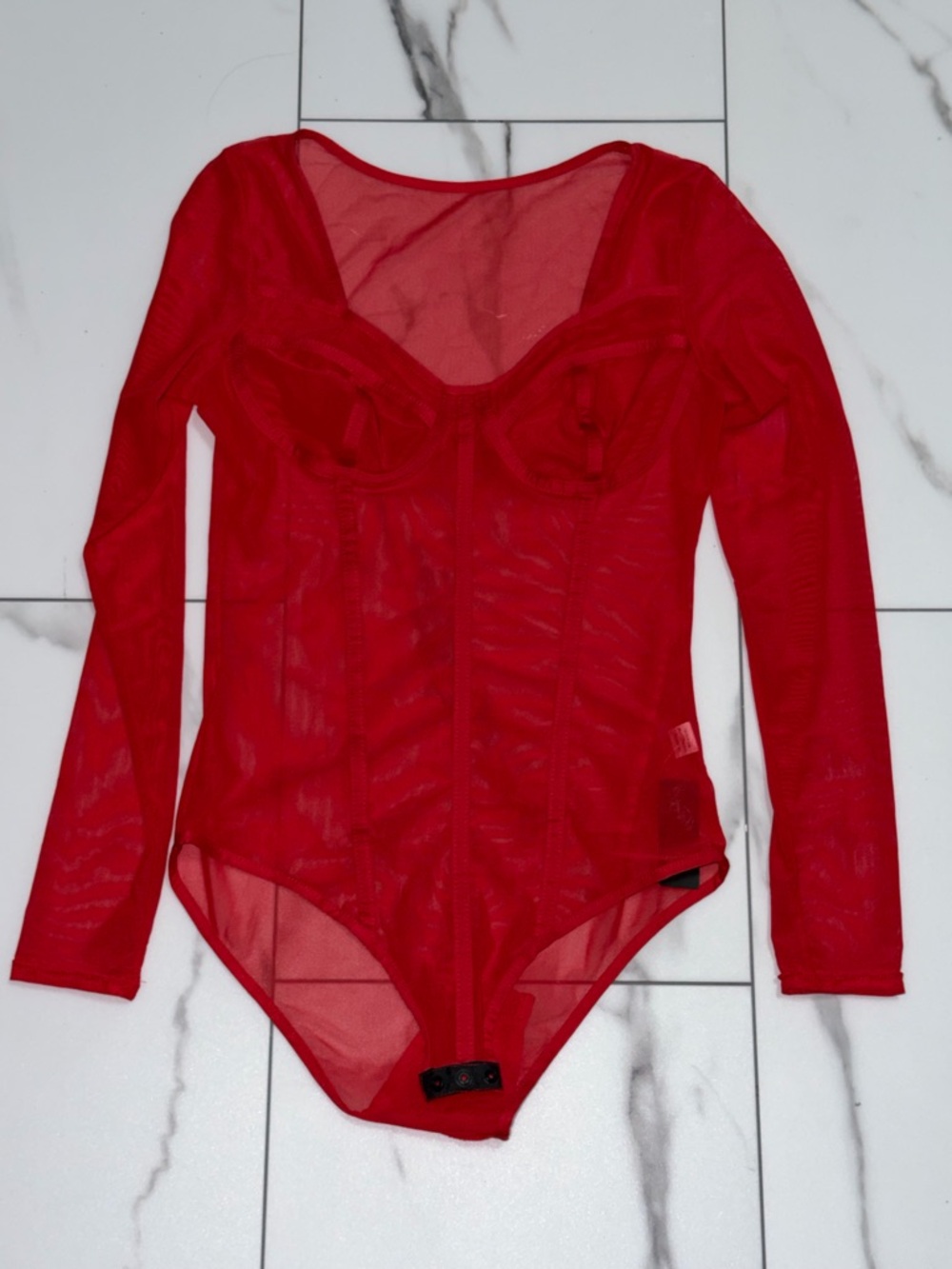 JSCatalog Sheer Red Long Sleeve Mesh Bodysuit